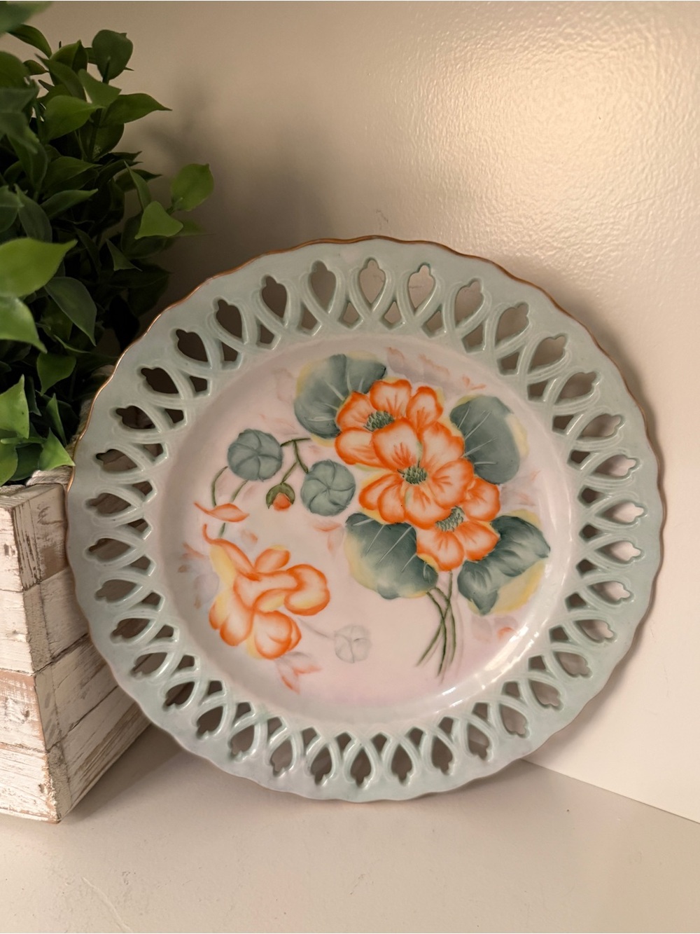 Vintage 1968 Hand Painted Floral Porcelain Plate Pierced Rim Dorothy Glover